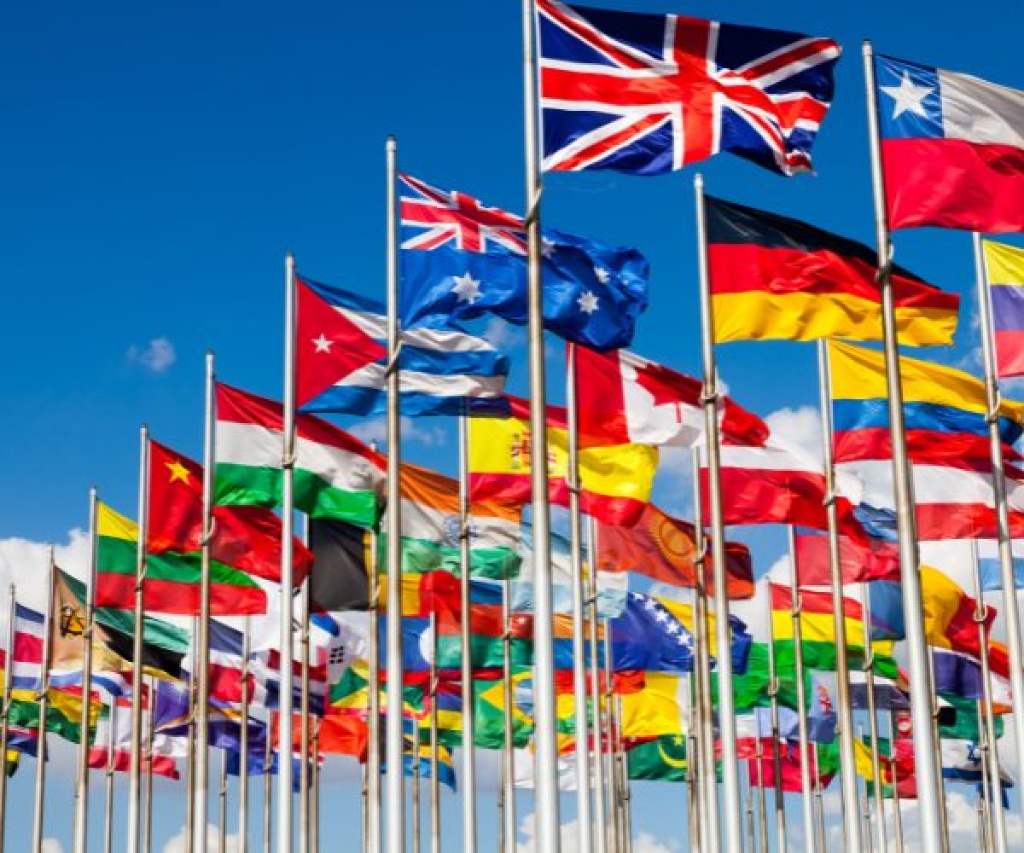 Flags of many nations flying together